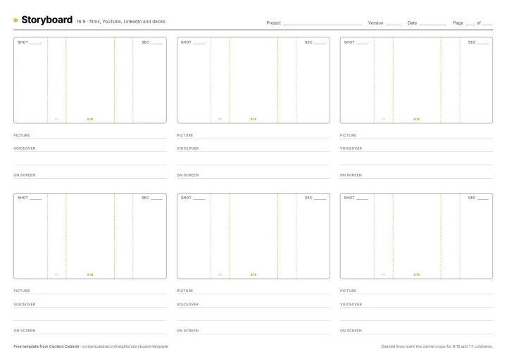 Blank 16:9 storyboard template with six frames on an A4 landscape page