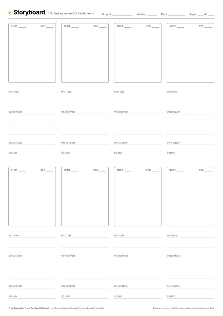Blank 4:5 storyboard template with eight frames on an A4 portrait page