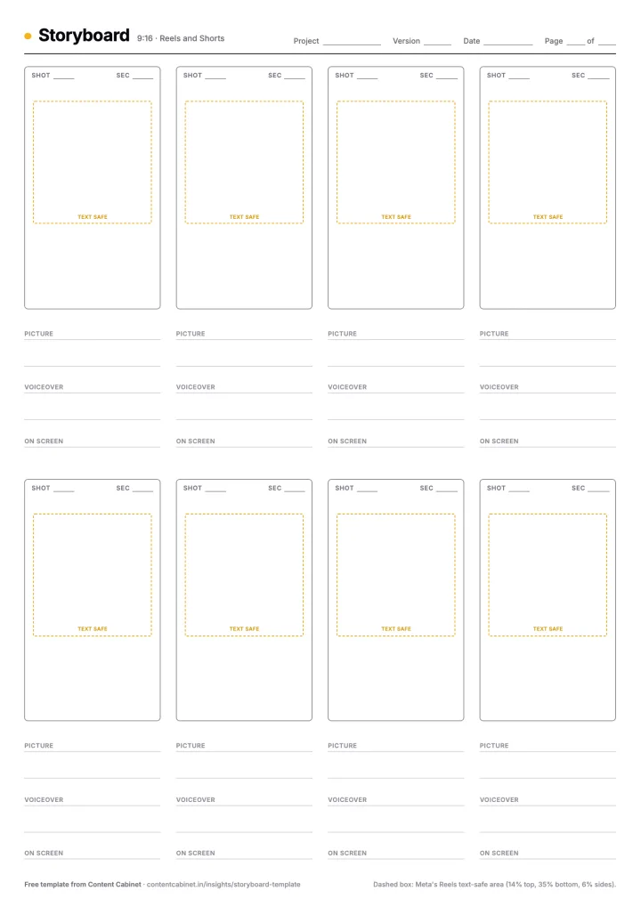 Blank 9:16 vertical storyboard template with eight frames and the Reels text-safe area marked